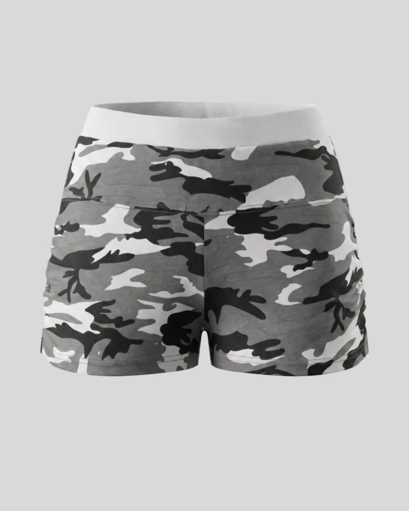 Women's camouflage slim shorts front view in Gray Camo with elastic waistband and side ruching