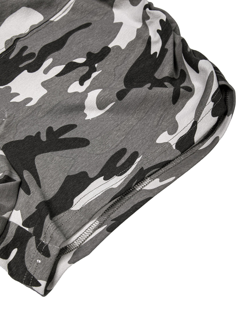 Close-up of the clean leg hem finish on the Gray Camo shorts