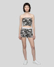 Model wearing the Gray Camo shorts styled for everyday casual streetwear.