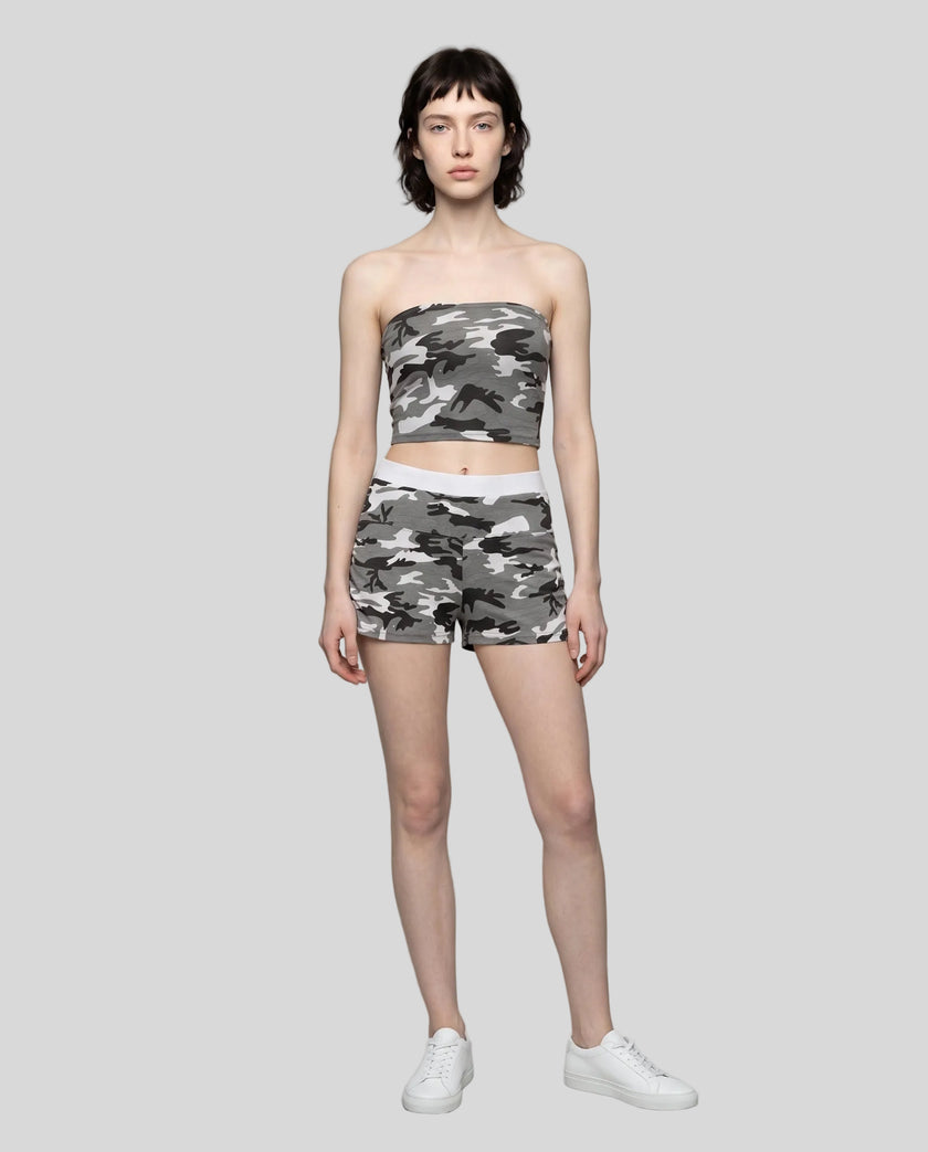 Model wearing the Gray Camo shorts styled for everyday casual streetwear.