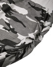 Side close-up showing the ruched detail and slim silhouette of the Gray Camo shorts