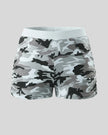 Women's camouflage slim shorts front view in Light Blue Camo with elastic waistband and side ruching