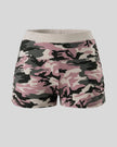 Women's camouflage slim shorts front view in Pink Camo with elastic waistband and side ruching