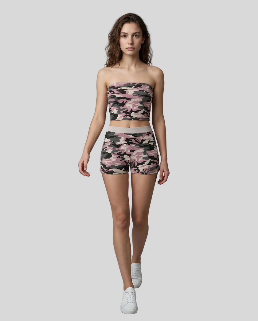 Model wearing the Pink Camo shorts styled for everyday casual streetwear.