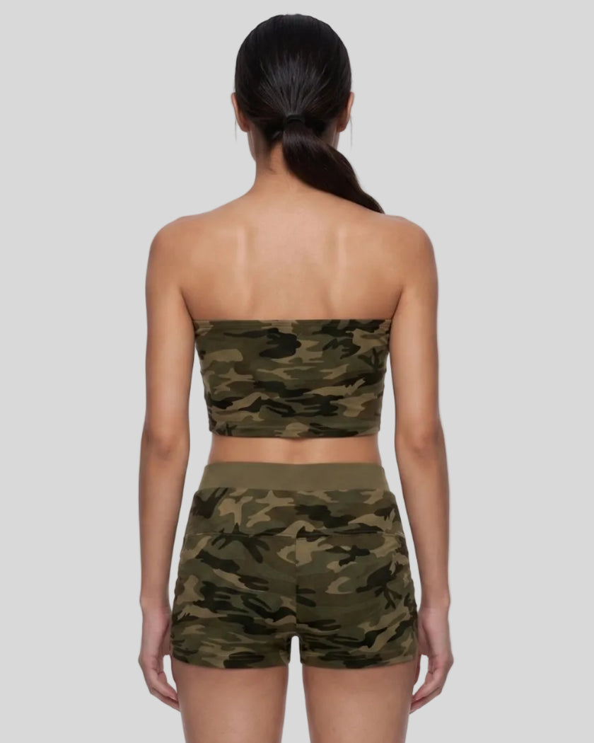 Back view of a model wearing the Camo Tube Top in Army Green Camo