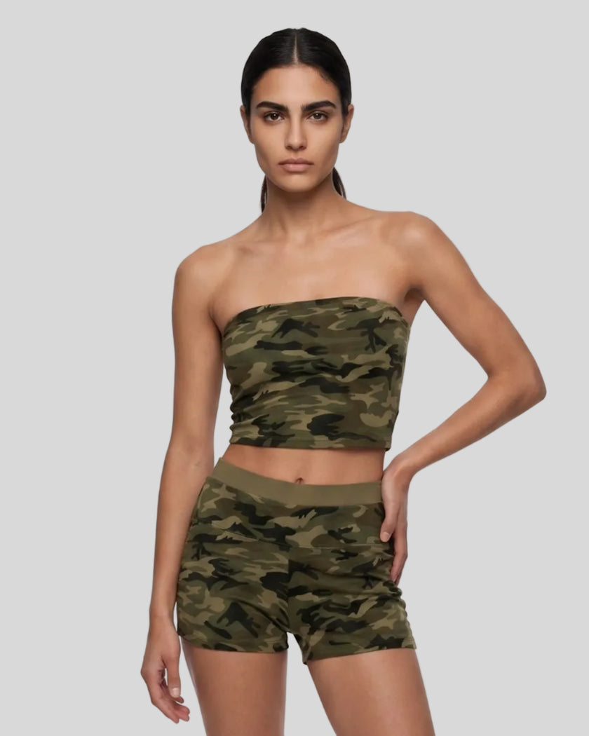 Model wearing the Camo Tube Top in Army Green Camo, front mid-body view