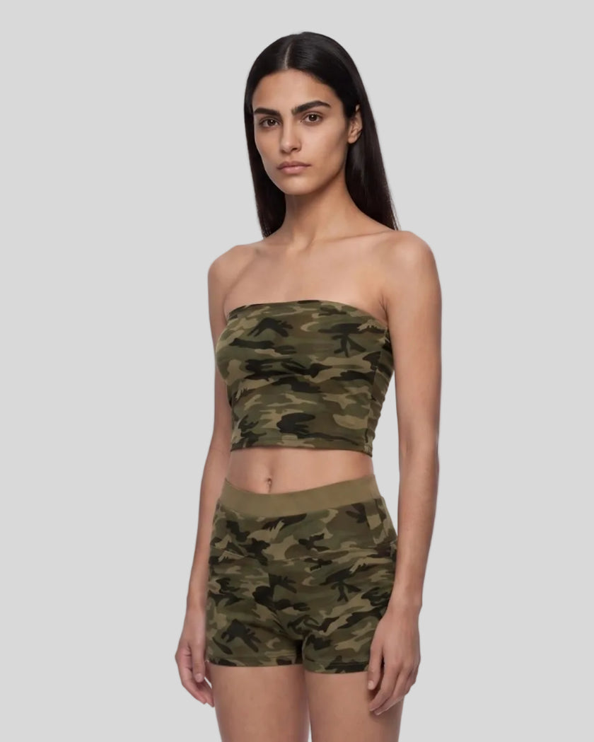 Left angle view of a model wearing the Camo Tube Top in Army Green Camo