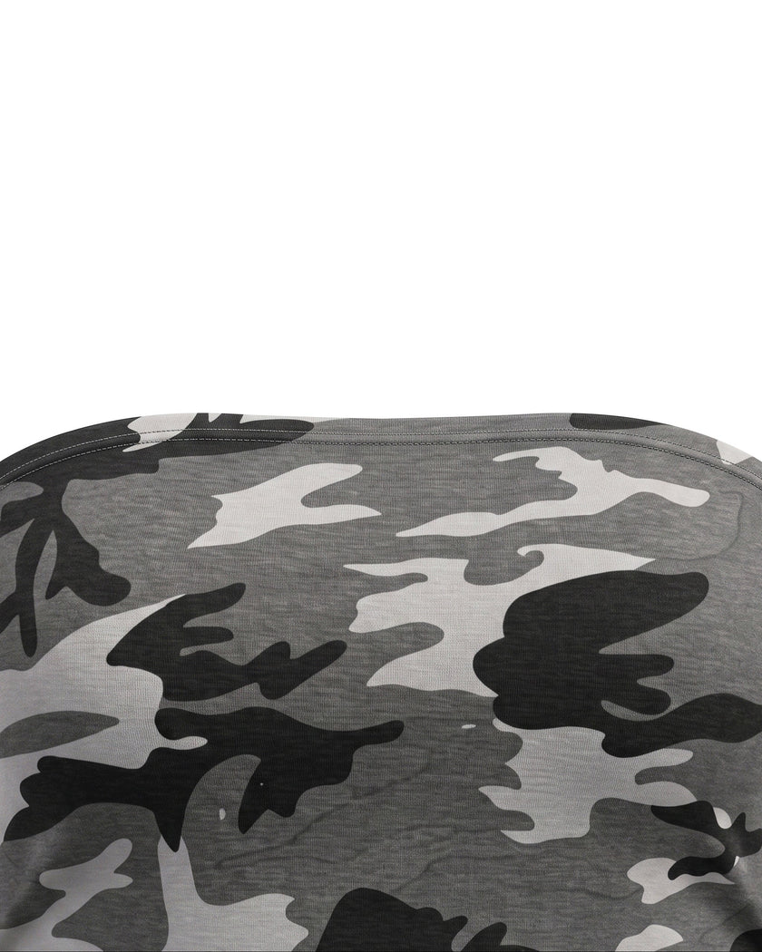 Close-up of the front neckline and camouflage print on the Camo Tube Top in Gray Camo