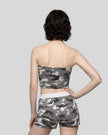 Back view of a model wearing the Camo Tube Top in Gray Camo