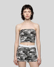 Model wearing the Camo Tube Top in Gray Camo, front mid-body view