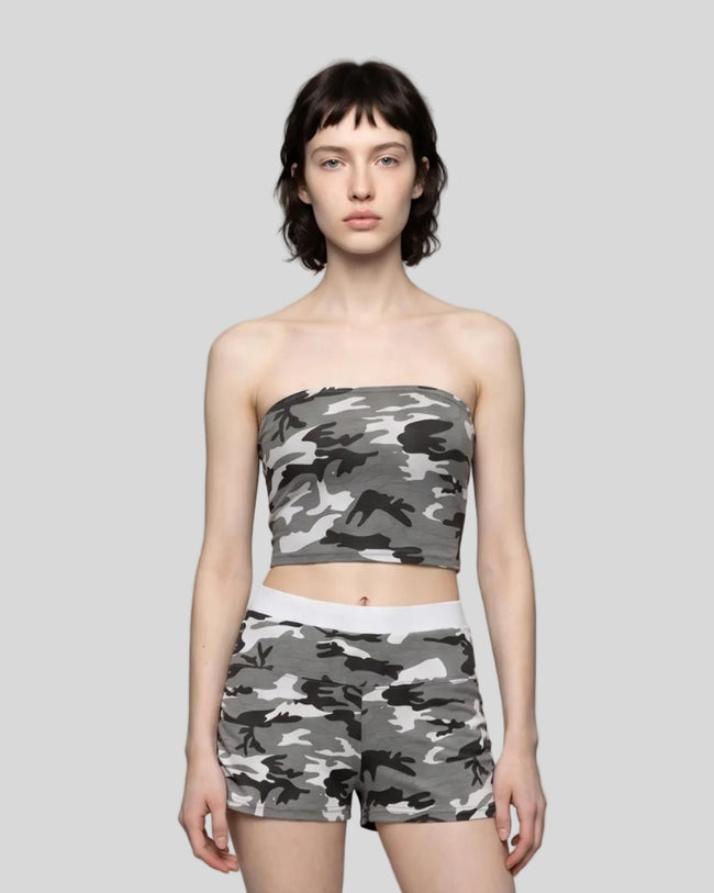 Model wearing the Camo Tube Top in Gray Camo, front mid-body view
