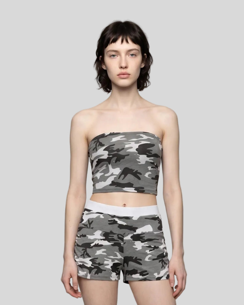 Model wearing the Camo Tube Top in Gray Camo, front mid-body view