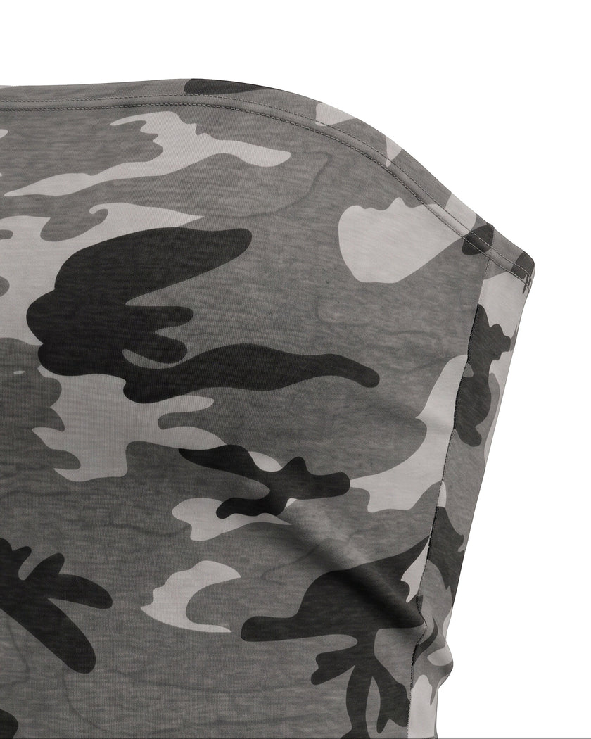 Side angle view highlighting the fit of the Camo Tube Top in Gray