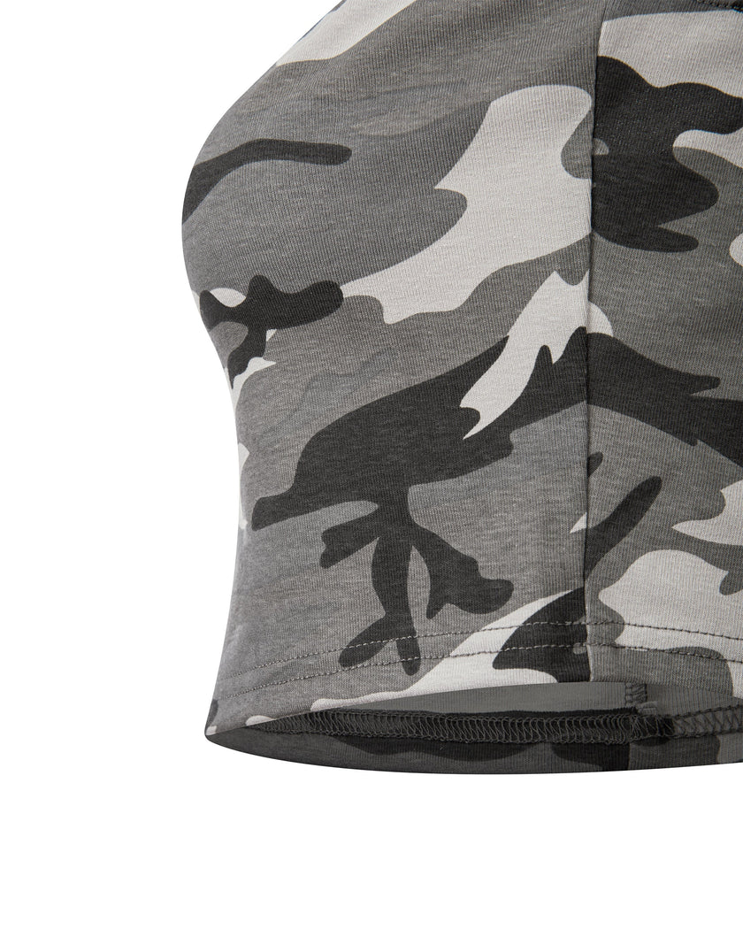 lose-up of the underbust construction on the Camo Tube Top in Gray