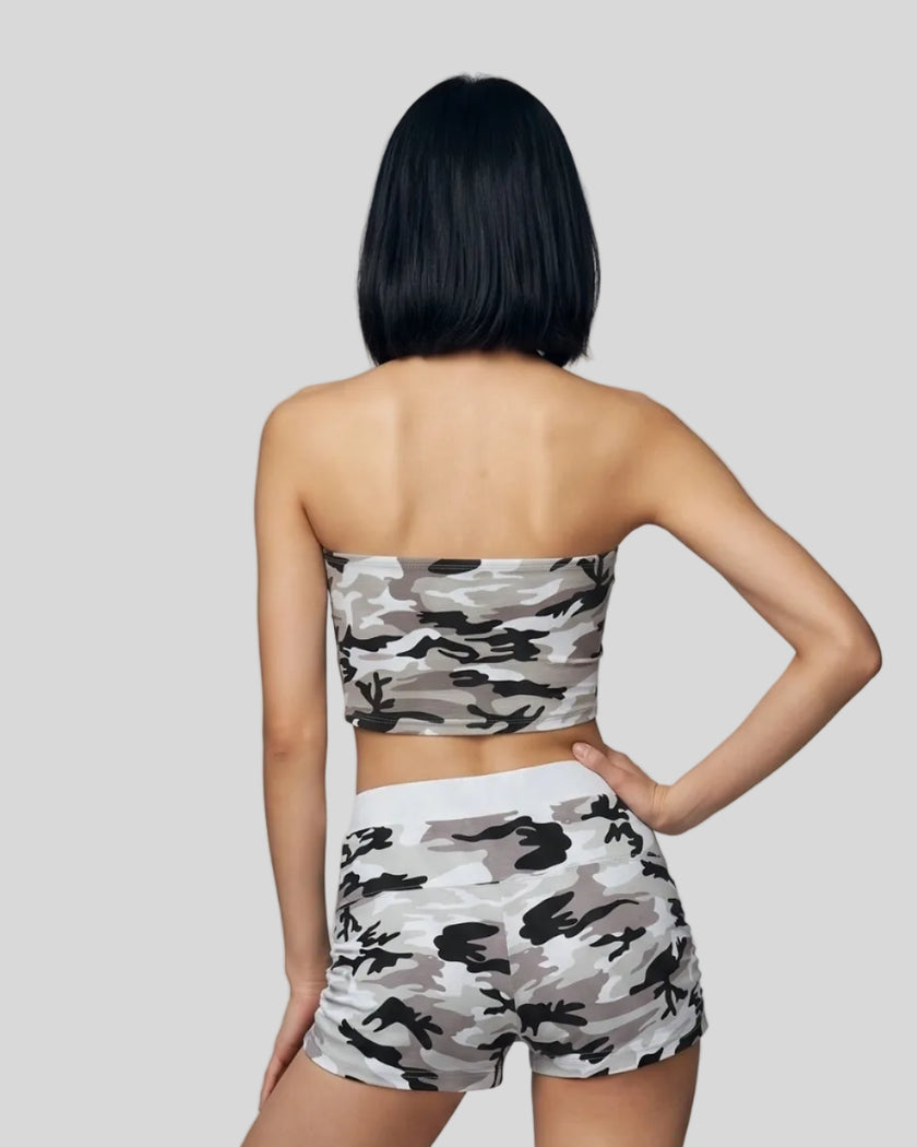Back view of a model wearing the Camo Tube Top in Light Blue Camo