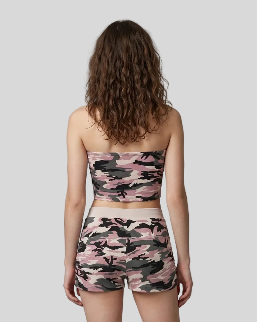 Back view of a model wearing the Camo Tube Top in Pink Camo