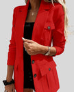 Closeup look of woman wearing red CityLine tailored blazer with structured lapel collar and pocket details
