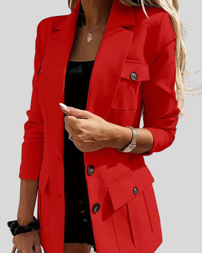 Closeup look of woman wearing red CityLine tailored blazer with structured lapel collar and pocket details