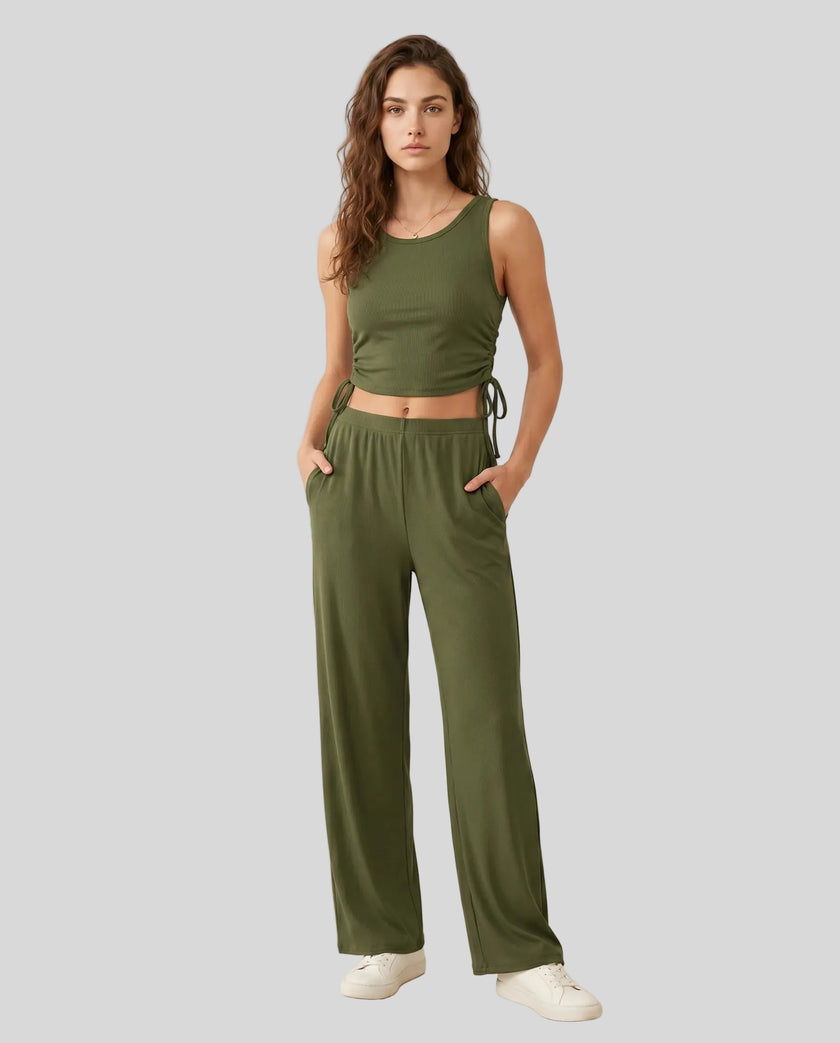 Front view of the CloudEase Lounge Set in army green styled without the long sleeve cover-up