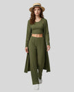 Woman wearing the CloudEase Lounge Set in army green front view with cropped tank wide-leg pants and long sleeve cover-up