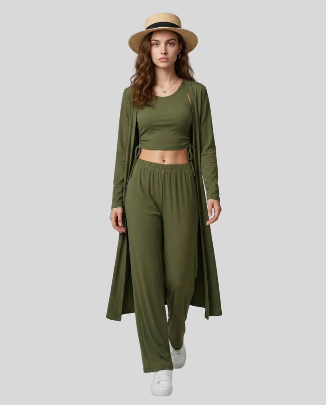 Woman wearing the CloudEase Lounge Set in army green front view with cropped tank wide-leg pants and long sleeve cover-up
