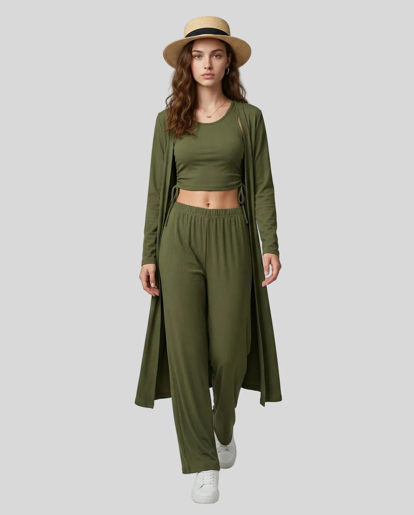 Woman wearing the CloudEase Lounge Set in army green front view with cropped tank wide-leg pants and long sleeve cover-up