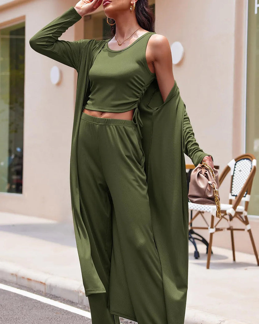 Lifestyle image of the CloudEase Lounge Set in army green styled for elevated lounging and casual everyday wear