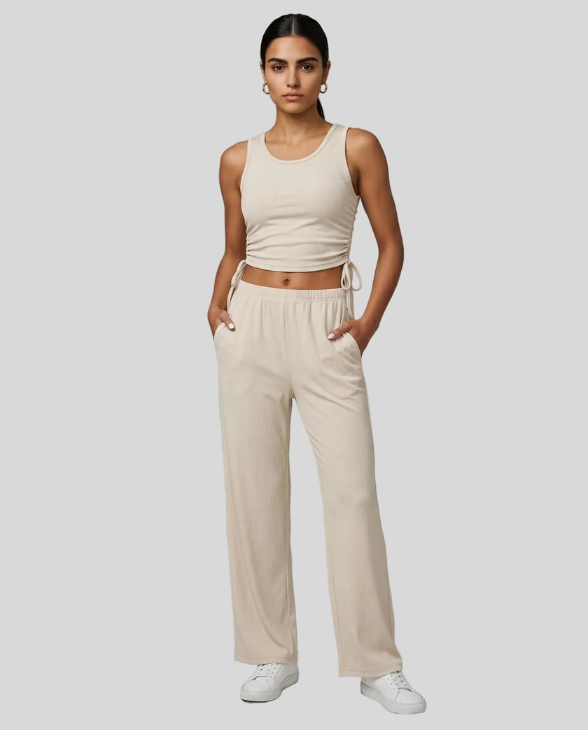 Front view of the CloudEase Lounge Set in beige styled without the long sleeve cover-up