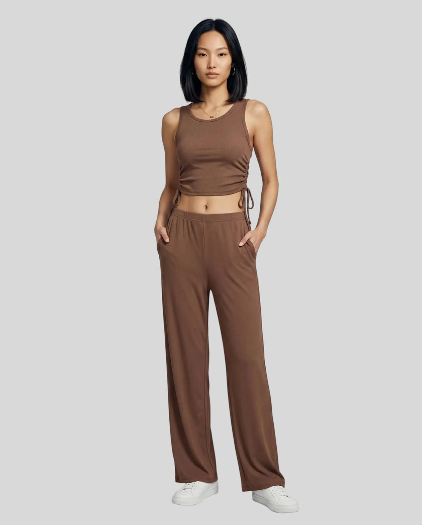 Front view of the CloudEase Lounge Set in brown styled without the long sleeve cover-up