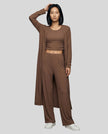 Woman wearing the CloudEase Lounge Set in brown front view with cropped tank wide-leg pants and long sleeve cover-up