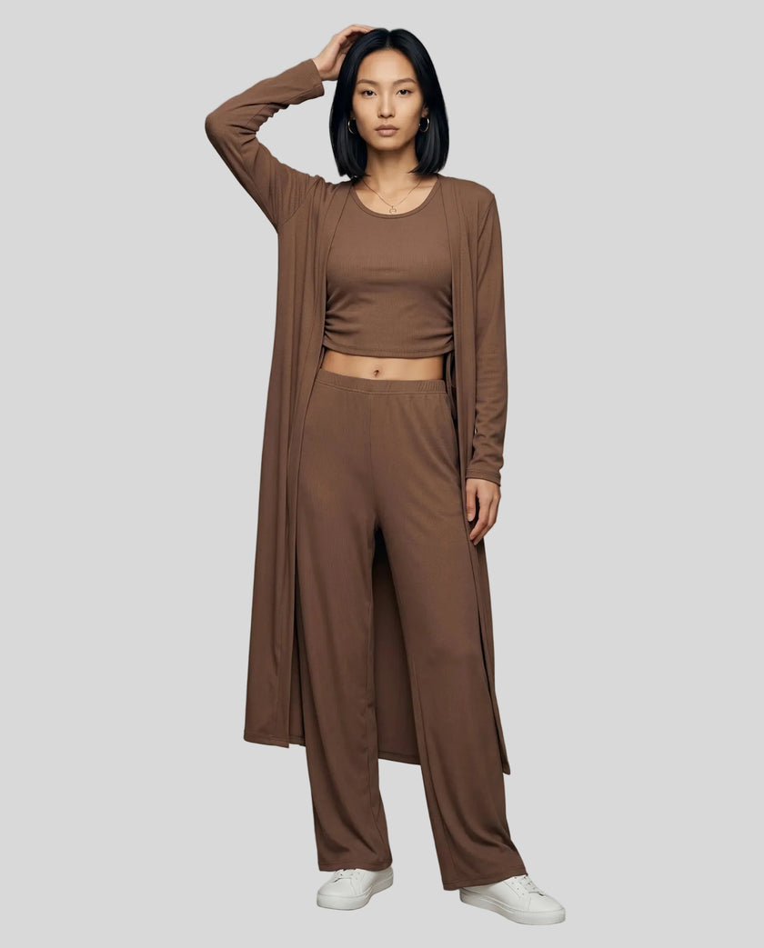 Woman wearing the CloudEase Lounge Set in brown front view with cropped tank wide-leg pants and long sleeve cover-up