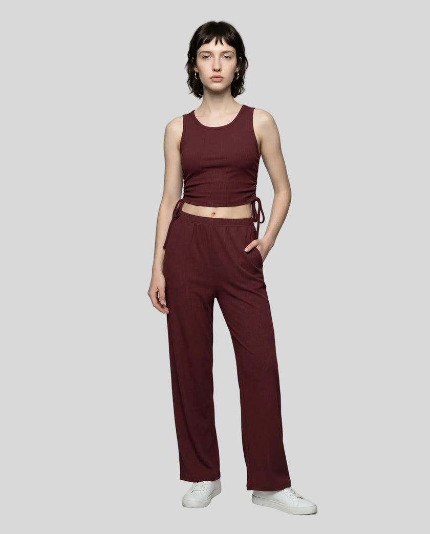 Front view of the CloudEase Lounge Set in burgundy styled without the long sleeve cover-up