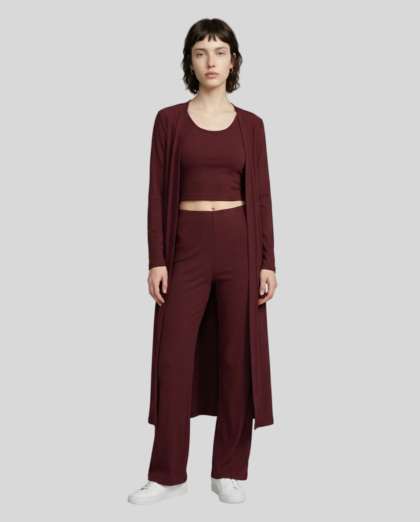 Woman wearing the CloudEase Lounge Set in burgundy front view with cropped tank wide-leg pants and long sleeve cover-up