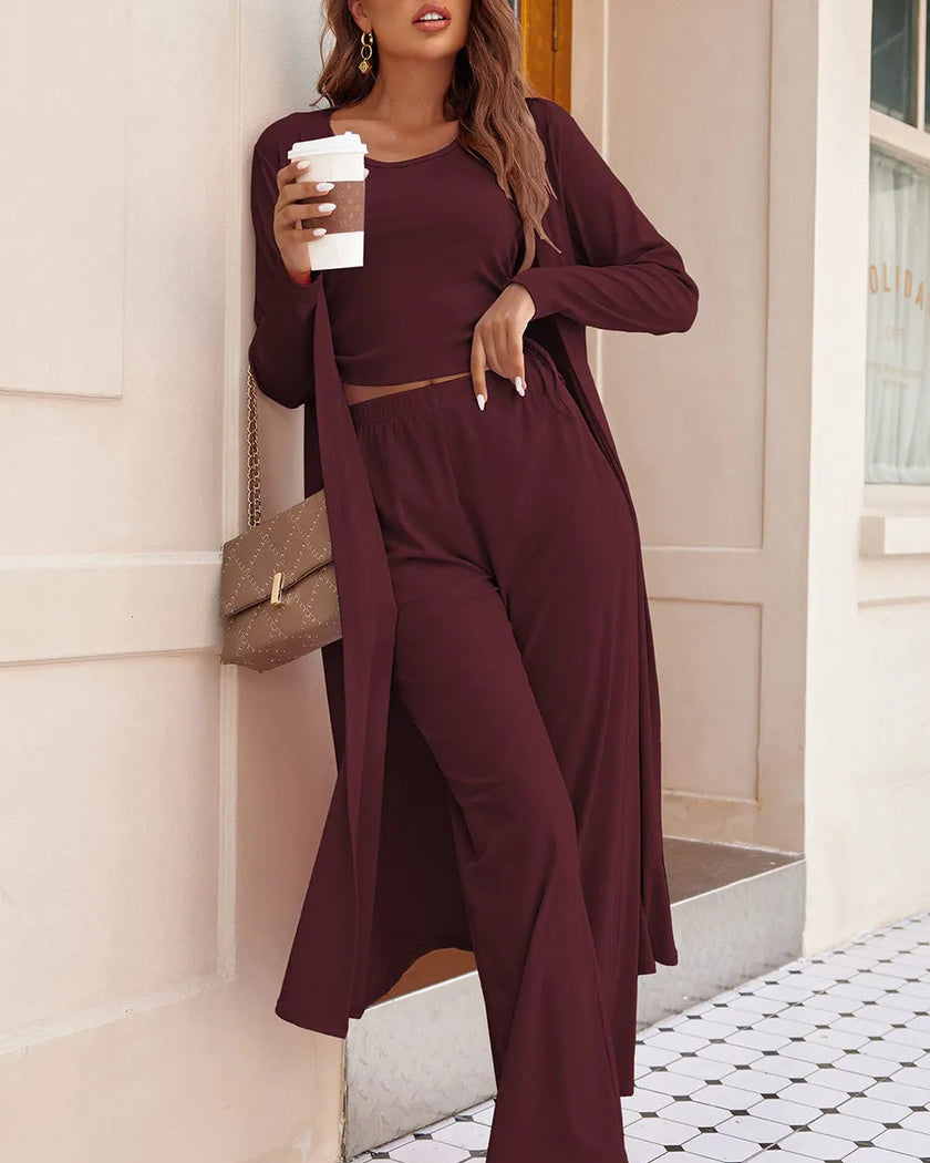 Lifestyle image of the CloudEase Lounge Set in burgundy styled for elevated lounging and casual everyday wear