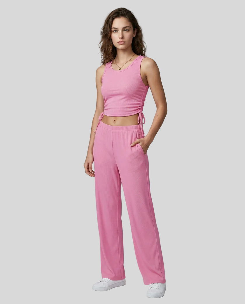 Front view of the CloudEase Lounge Set in fuchsia pink styled without the long sleeve cover-up