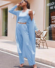 Lifestyle image of the CloudEase Lounge Set in light blue styled for elevated lounging and casual everyday wear