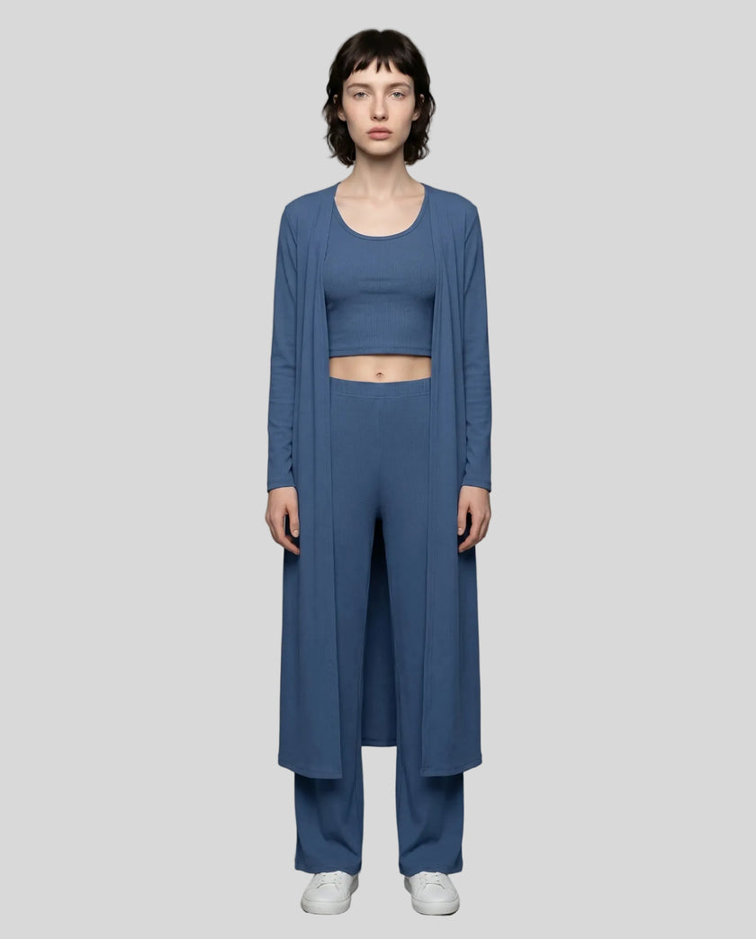 Woman wearing the CloudEase Lounge Set in navy front view with cropped tank wide-leg pants and long sleeve cover-up