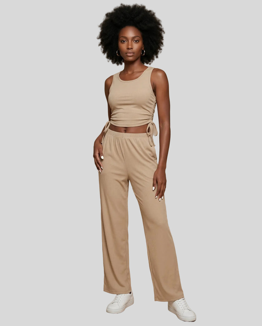 Front view of the CloudEase Lounge Set in tan styled without the long sleeve cover-up