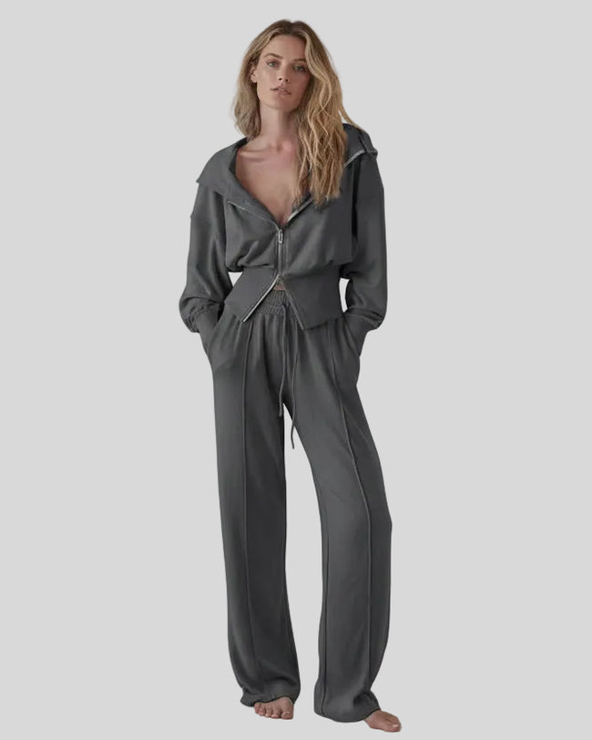 Dark gray zip-up hoodie and lounge pant set worn front view