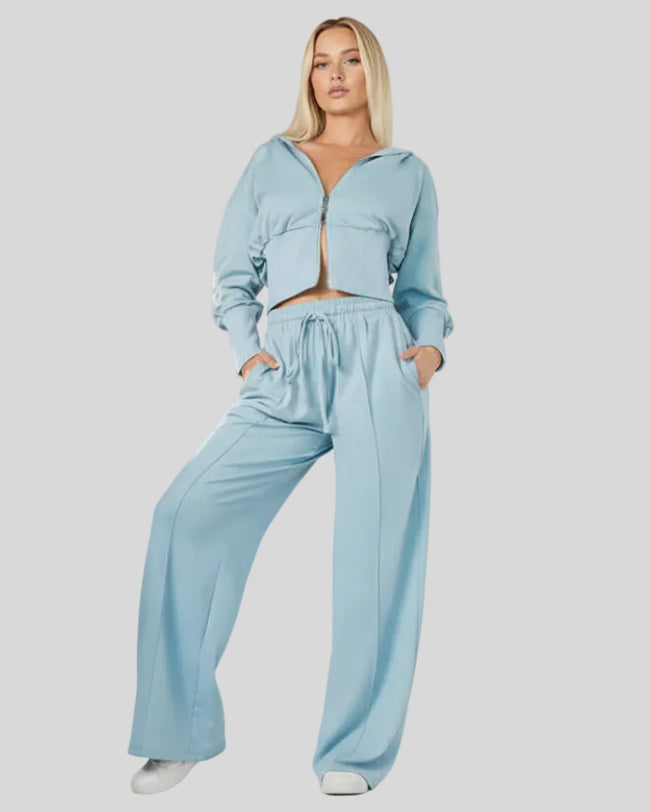 Close view of light blue zip-up hoodie and lounge pants