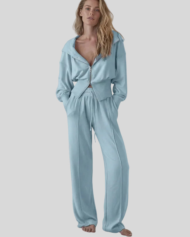 Light blue zip-up hoodie and lounge pant set worn front view