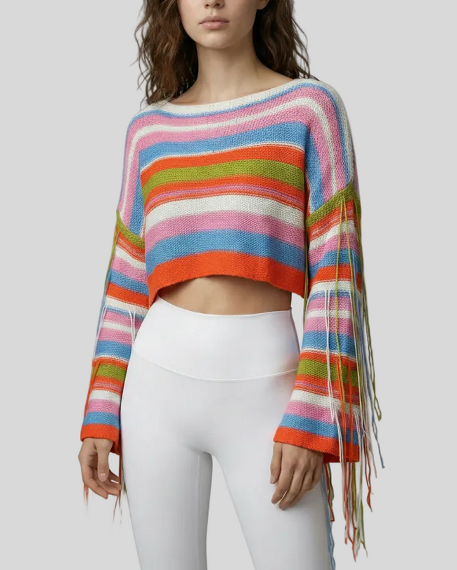 ColorRush Fringe Crop Sweater styled with Athlesi white leggings – front mid-body view showing cropped length and layered look