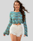 Front mid-body view of the Athlesi ColorRush Wave Knit Top in light blue multicolor stripe pattern.