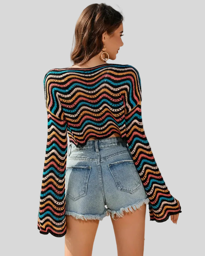 Back mid-body view of the Athlesi ColorRush Wave Knit Top featuring multicolor wave stripe design in multicolor