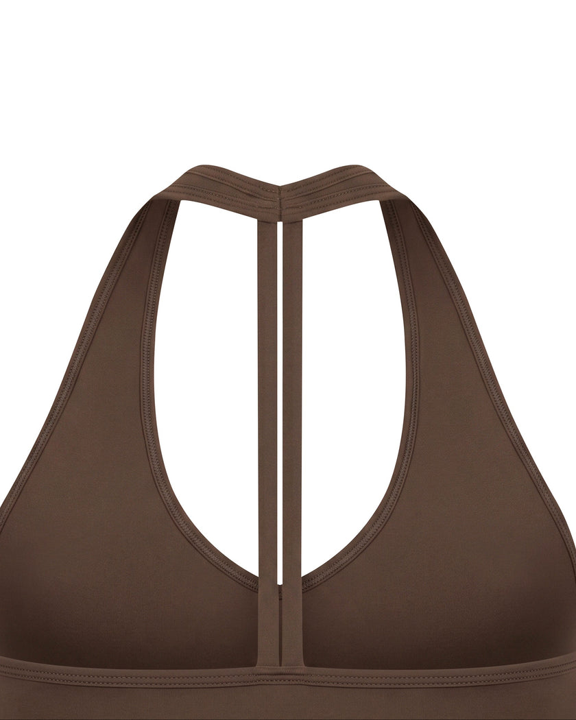 Close-up of the halter back design on the Contour Halter Yoga Tank Top in Brown