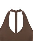 Close-up of the V-neckline on the Contour Halter Yoga Tank Top in Brown
