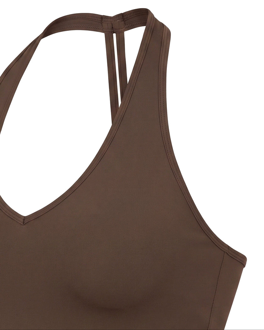 Side view highlighting the fitted silhouette of the Contour Halter Yoga Tank Top in Brown