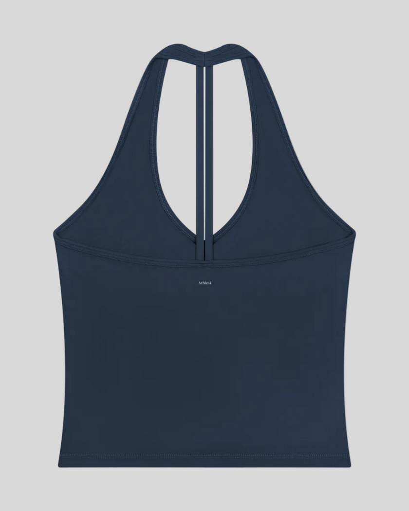 Contour Halter Yoga Tank Top in Navy Blue back view