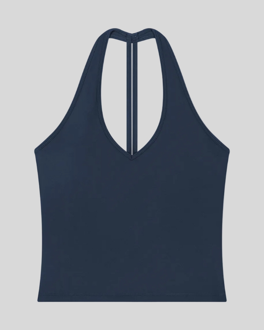 Contour Halter Yoga Tank Top in Navy Blue front view