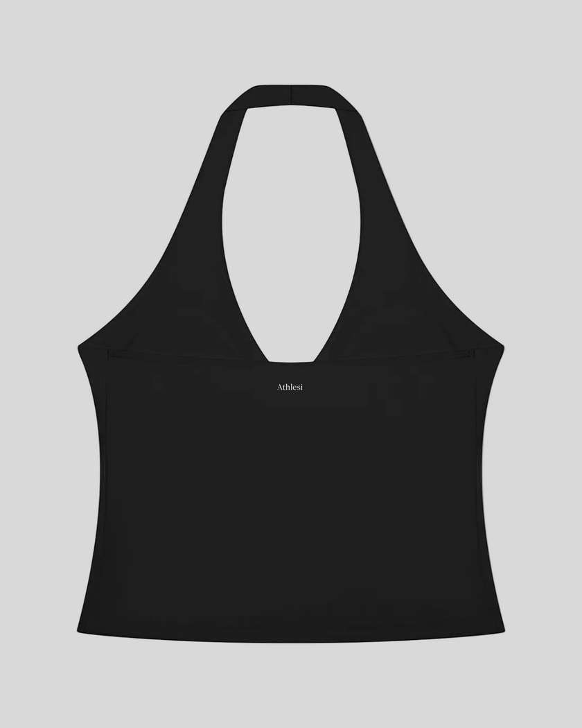Contour Ruched Yoga Top in black with halter neckline back view